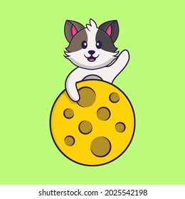 Cute cat is on the moon. Animal cartoon concept isolated. Can used for t-shirt, greeting card, invitation card or mascot.