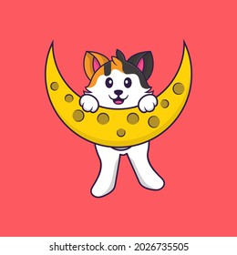 Cute cat is on the moon. Animal cartoon concept isolated. Can used for t-shirt, greeting card, invitation card or mascot.