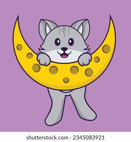 Cute cat is on the moon. Animal cartoon concept isolated. Can used for t-shirt, greeting card, invitation card or mascot