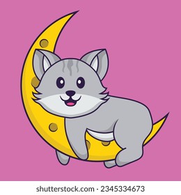 Cute cat is on the moon. Animal cartoon concept isolated. Can used for t-shirt, greeting card, invitation card or mascot