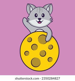 Cute cat is on the moon. Animal cartoon concept isolated. Can used for t-shirt, greeting card, invitation card or mascot