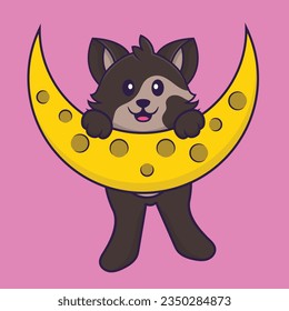 Cute cat is on the moon. Animal cartoon concept isolated. Can used for t-shirt, greeting card, invitation card or mascot.