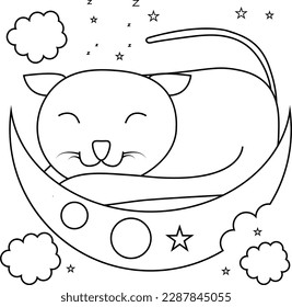 Cute Cat On The Moon Sleeping Black And White Vector Illustration Coloring Pages For Coloring Book