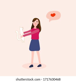 A cute cat on a pink background.Woman holding a cat.White cat.Vector illustration.