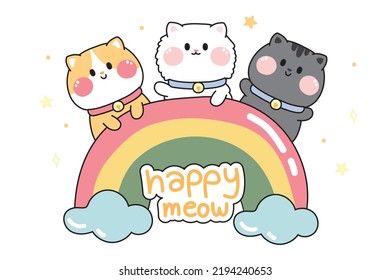 Cute cat rainbow and happy meow text cartoon sky background Pet character design Image for card poster children shirt screen Kawaii Vector Illustration 