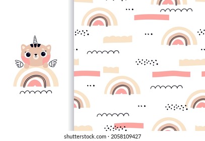 Un gato lindo sobre un arcoiris con alas. Patrón sin foco con arcos en el estilo de doodle de caricatura