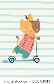 Cute cat on a scooter. Vector illustration in a scandinavian style. Cute and funny poster.