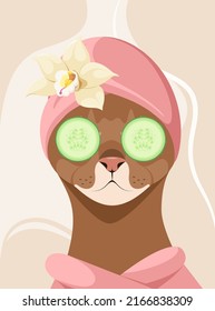 Cute cat on spa treatments. Grooming. Cartoon design.
