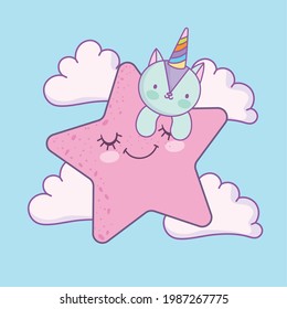 cute cat on star with clouds