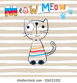 cute cat on striped background vector illustration
