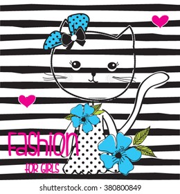 cute cat on striped background, fashion for girls, T-shirt design vector illustration 