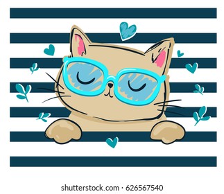 cute cat on striped background, children print on t-shirt girl. hand drawn cat with glasses