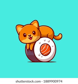 Cute Cat On Sushi Salmon Cartoon Vector Icon Illustration. Animal Food Icon Concept Isolated Premium Vector. Flat Cartoon Style