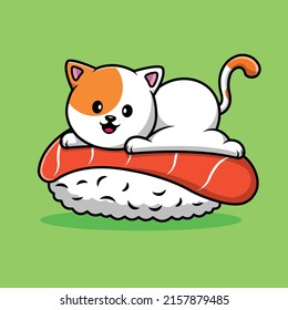 Cute Cat On Sushi Salmon Cartoon Vector Icon Illustration. Animal Food Icon Concept Isolated Premium Vector.