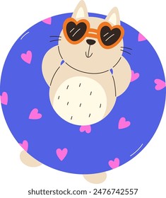 Cute Cat On Swimming Ring Vector Illustration