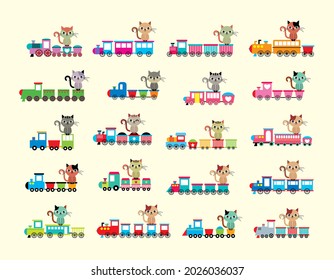 cute cat on train cartoon illustration vector set