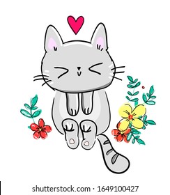 Un gato cortado sobre un fondo blanco con flores con un corazón. Dibujo de la letra gatita para textiles para niños, pantalones en t, guardería. 