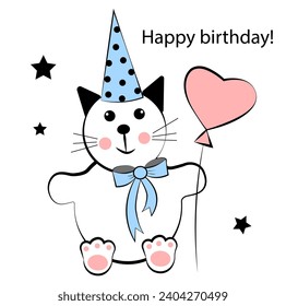 Cute cat on a white background. Happy birthday to you