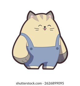 Süße Katze auf weißem Hintergrund. Charakterdesign in Kleidung. Katzenkarikatur, flache Illustration. Kindergrafiken. Kawaii. Vektor.