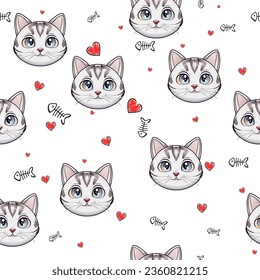 Cute gato con fondo blanco. Textura sin foco con gatos graciosos y lindos. fondo kawaii del gato. patrón sin costuras de gato. Caricatura de Cute
