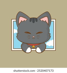 cute cat on the window cartoon design vector illustration