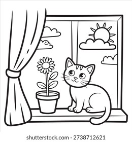 Cute Cat on Window Coloring Page – Kitten, Flower Pot, Sunny Day Outline for Kids
