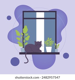 Lindo gato en alféizar de ventana con plantas en macetas. Vida de gato a través de una ventana abierta. Ilustración vectorial para el edificio de apartamentos, condominio, concepto de mascota