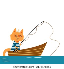 Cute cat on the wooden boat with fishing rod. Funny kitten boy catching fish in the sea or lake. Happy pet has vacation, cartoon animal. Hand drawn vector illustration for kids. Flat design.    