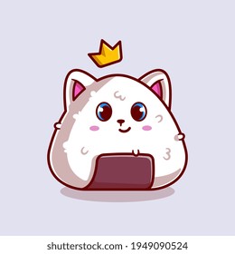 Cute Cat Onigiri With Crown Cartoon Vector Icon Illustration Icon Concept Isolated Premium Vector. Flat Cartoon Style