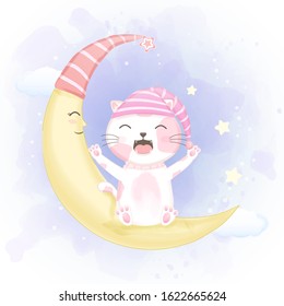 Cute cat open mouth yawning and stretching on crescent moon drawn cartoon illustration watercolor background
