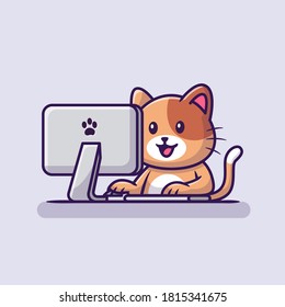 Cute Cat Operating Computer Cartoon Vector Icon Illustration. Animal Technology Icon Concept Isolated Premium Vector. Flat Cartoon Style