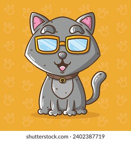 Cute Cat with orange Sunglasses Cartoon vector hand drawn illustration. Cat Vector Illustration. 100% hand drawing vector illustration without AI.