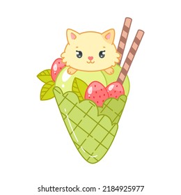 Cute cat and an oriental matcha green tea dessert. Flat cartoon illustration of a little kitten sitting on a waffle cone with ice cream isolated on a white background. Vector 10 EPS.