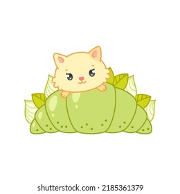 Un gato dulce y un postre oriental de té verde matcha. Dibujo plano de un gatito sentado en un croissant lleno de crema aislado en un fondo blanco. Vector 10 EPS.