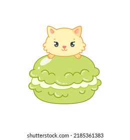 Cute Katze und ein orientalisches Matcha-grünes Teedessert. Flache Cartoon-Illustration eines kleinen Kätzchens, das auf einem Macaroon einzeln auf weißem Hintergrund sitzt. Vektor 10 EPS.