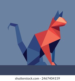 Cute cat origami sitting. Created with vector, to simulate folded paper. Childish, minimalist and colorful.