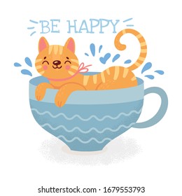 Cute cat in ornamental cup on white background. Be happy. Funny animal. Kids print. Cartoon vector illustration