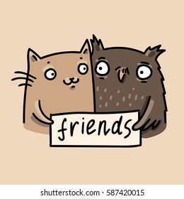 cute cat and owl. best friends. vector illustration