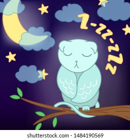 cute cat owl fantasy adorable sleeping cartoon drawn animal, on night sky background with moon light and stars, editable vector illustration