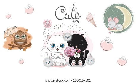 Cute cat. owl. mpus. Cute set. Picture in hand drawing style, for Happy birthday greeting card, postcard. party invitation.