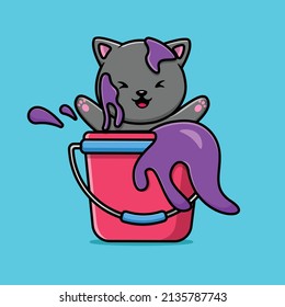 Cute Cat In Paint Bucket Cartoon Vector Icon Illustration. Animal Interior Icon Concept Isolated Premium Vector. Flat Cartoon Style