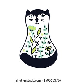 Cute cat, painted with a floral pattern. The silhouette of a cat with floral ornament Doodle style. Decorative illustration template for your design. Vector hand drawn illustration isolated on white