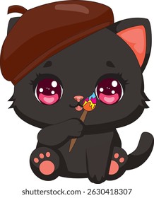 Cute Cat With Painting Brush And Artist Hat Kitten Vector