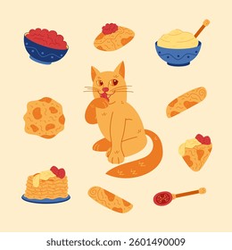 Cute cat and pancakes. Hand drawn illustration for you projects.