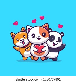 Cute Cat, Panda And Dog With Love Cartoon Vector Icon Illustration. Animal Love Icon Concept Isolated Premium Vector. Flat Cartoon Style 