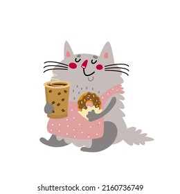 Cute cat with paper cup of coffee and donut. Funny fat kitten in apron has a breakfast. Happy pet holding hot drink and cookie. Cartoon kids character. Hand drawn vector illustration, flat design