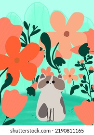 A cute cat in the park with orange flowers illustrations for phone case, logo, pillow case, fabric print, wallpaper, social media post, doodle, covers, book covers, wall decor, cards