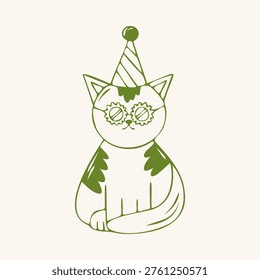Cute cat in party hat and funny flower shaped glasses, green outline doodle flat retro style. Whimsical minimalist hand drawn vector illustration of a birthday pet for greeting card. Isolated on beige