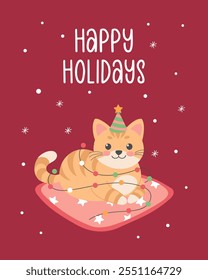 Cute cat with party hat and lights garland. Christmas card design template. Flat illustration