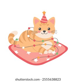 Cute cat with party hat and lights garland. Christmas card design template. Flat illustration	
